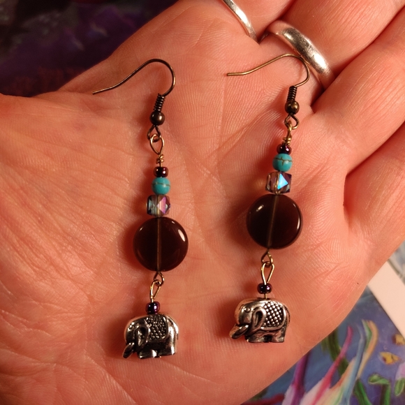 Smokey Quartz, Elephant Charm, Dyed Howlite Earrings - Picture 15 of 16